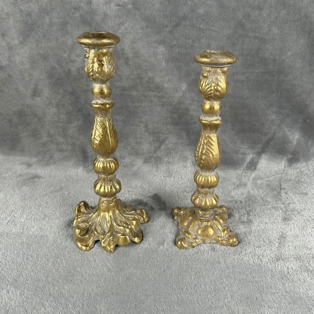 Vintage Antique Gold Cast Metal Candlestick Holders Pair Ornate Heavy Taper Set